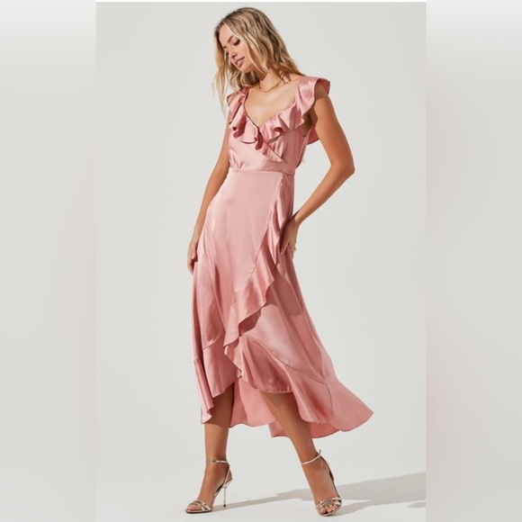 Astr Dark Blush wilshire Ruffle Wrap Open Back Midi High Low Dress, XS - Picture 7 of 16